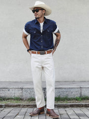 コットンリネンレトロ デニム半袖シャツ