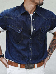 コットンリネンレトロ デニム半袖シャツ