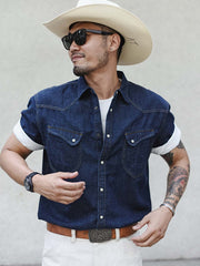 コットンリネンレトロ デニム半袖シャツ