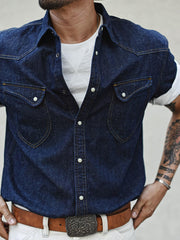 コットンリネンレトロ デニム半袖シャツ