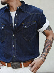 コットンリネンレトロ デニム半袖シャツ