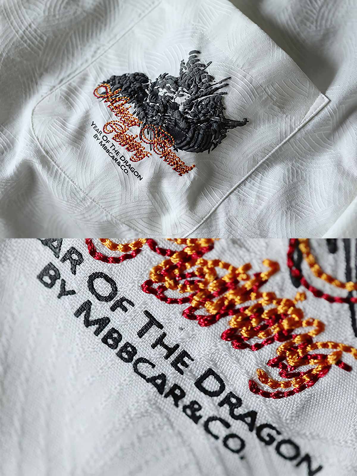 細部にわたるドラゴンの発泡プリント刺繍を特徴とするシャツのクローズアップ。