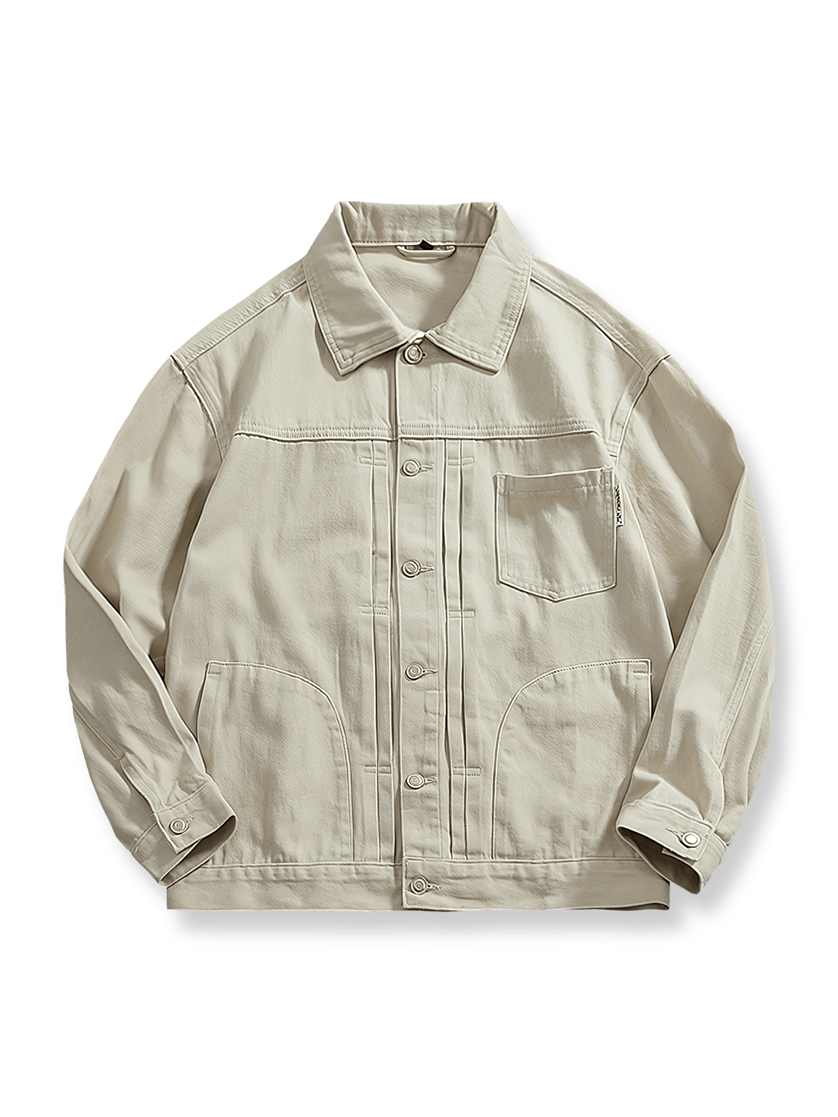製品画像: ウォッシュドホワイトワークジャケットの全体像
詳細画像: 多ポケットデザインとウォッシュドホワイト生地のディテール