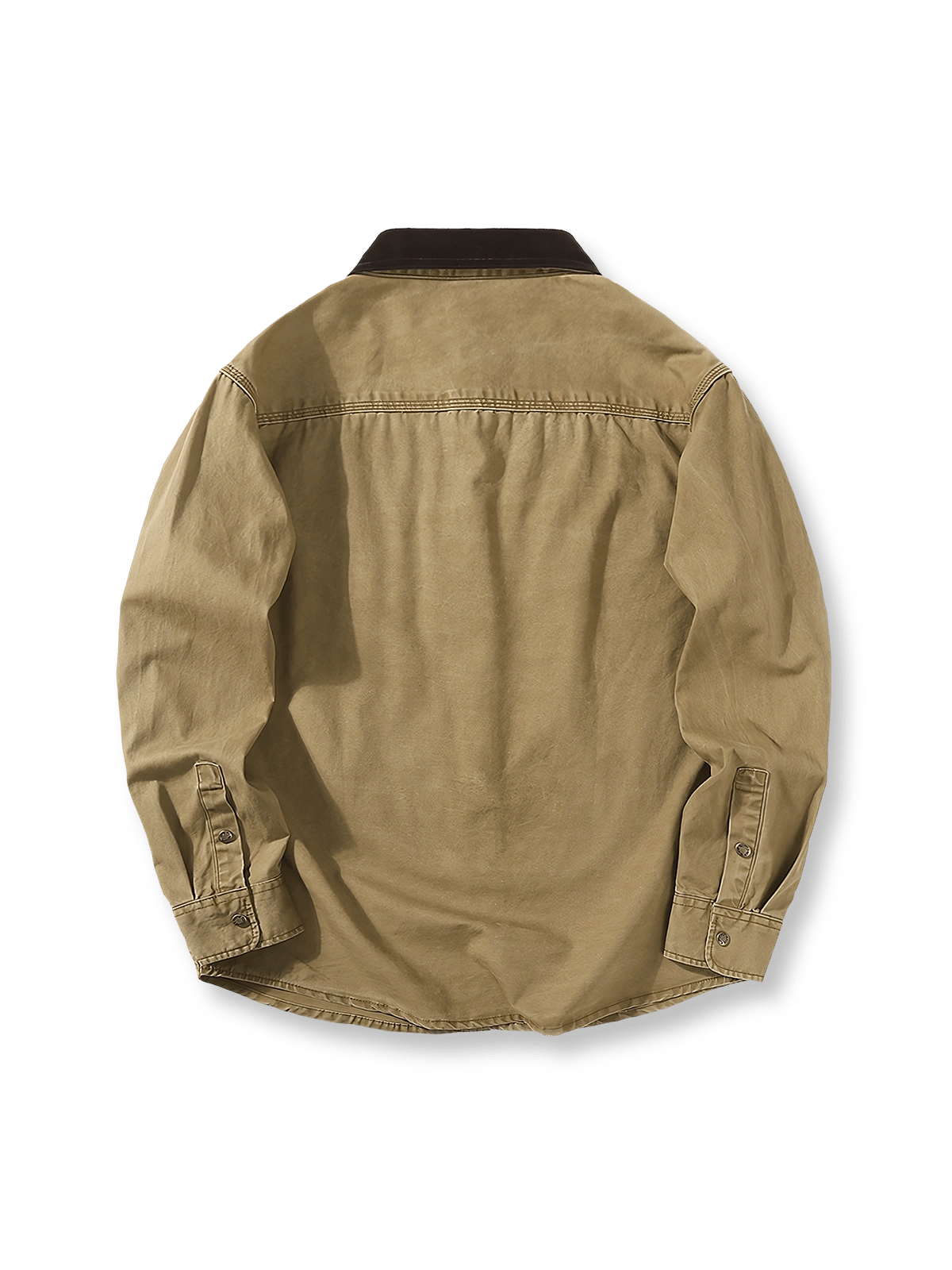 製品画像: ウォッシュ加工ヴィンテージシャツの正面全体展示、クラシックなデザインとヴィンテージ感を強調。
詳細画像: コントラストカラーの襟元ディテール、ウォッシュ加工による風合いのクローズアップ。