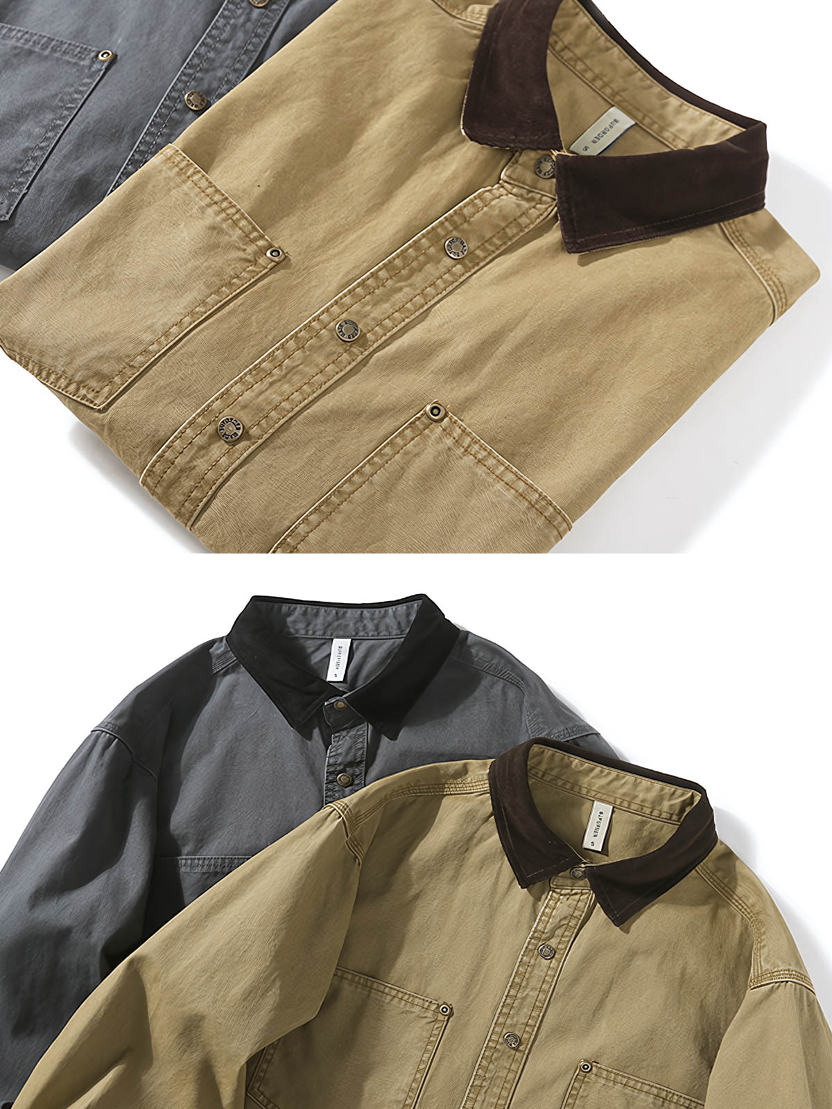 製品画像: ウォッシュ加工ヴィンテージシャツの正面全体展示、クラシックなデザインとヴィンテージ感を強調。
詳細画像: コントラストカラーの襟元ディテール、ウォッシュ加工による風合いのクローズアップ。