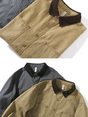 製品画像: ウォッシュ加工ヴィンテージシャツの正面全体展示、クラシックなデザインとヴィンテージ感を強調。
詳細画像: コントラストカラーの襟元ディテール、ウォッシュ加工による風合いのクローズアップ。