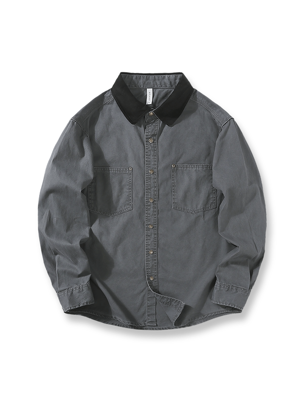 製品画像: ウォッシュ加工ヴィンテージシャツの正面全体展示、クラシックなデザインとヴィンテージ感を強調。