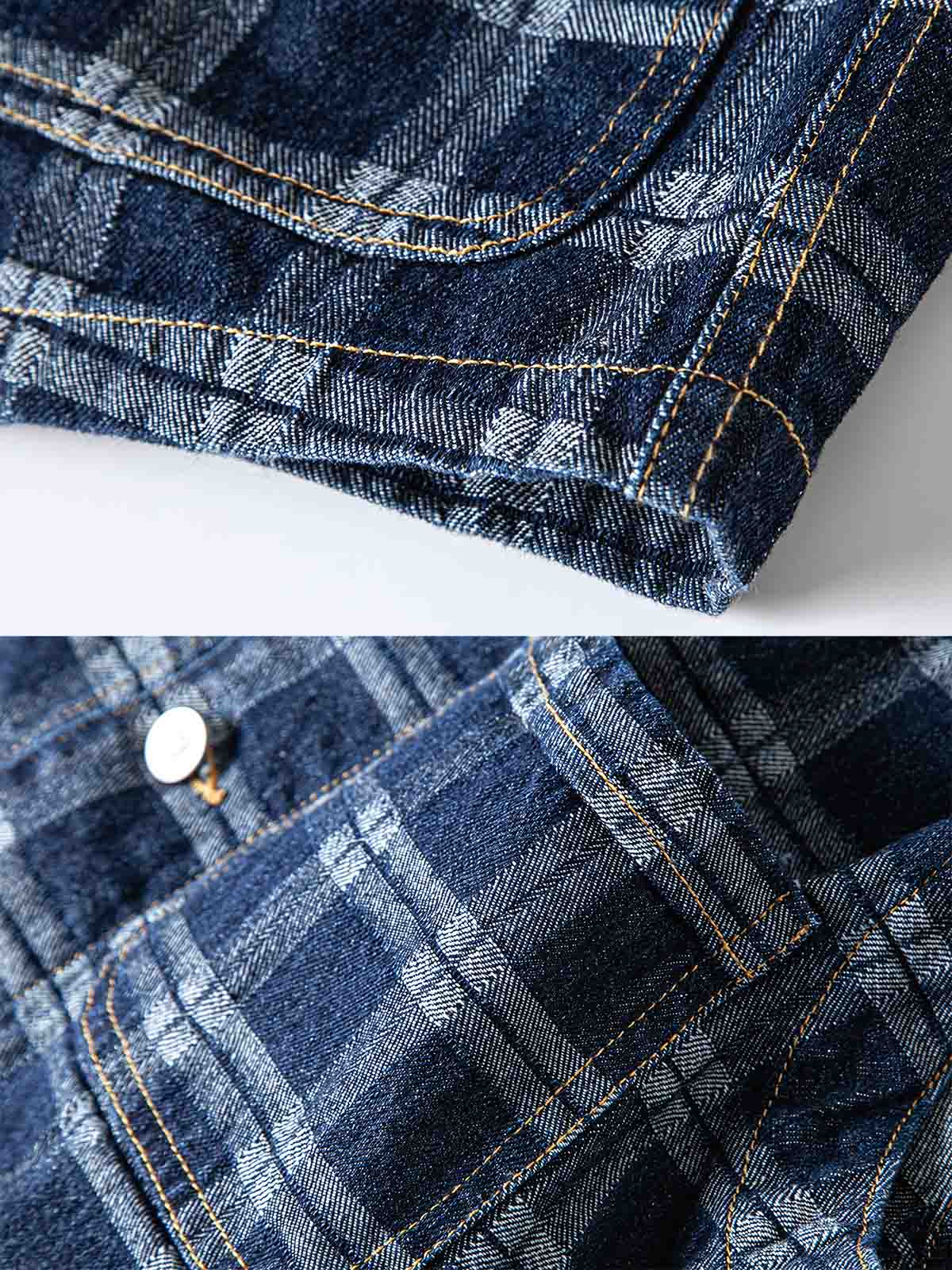 製品画像: ヴィンテージ風ウォッシュドデニムチェック柄ワークベストの正面展示
詳細画像: デニム生地とチェック柄効果のディテール展示