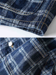 製品画像: ヴィンテージ風ウォッシュドデニムチェック柄ワークベストの正面展示
詳細画像: デニム生地とチェック柄効果のディテール展示