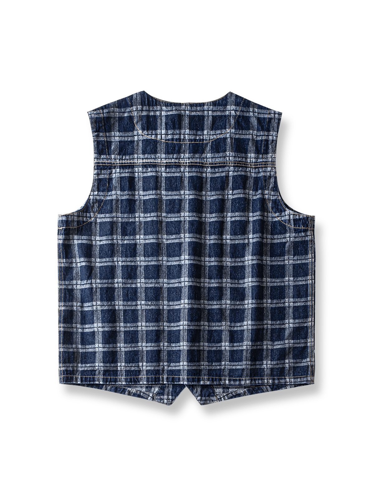 製品画像: ヴィンテージ風ウォッシュドデニムチェック柄ワークベストの正面展示