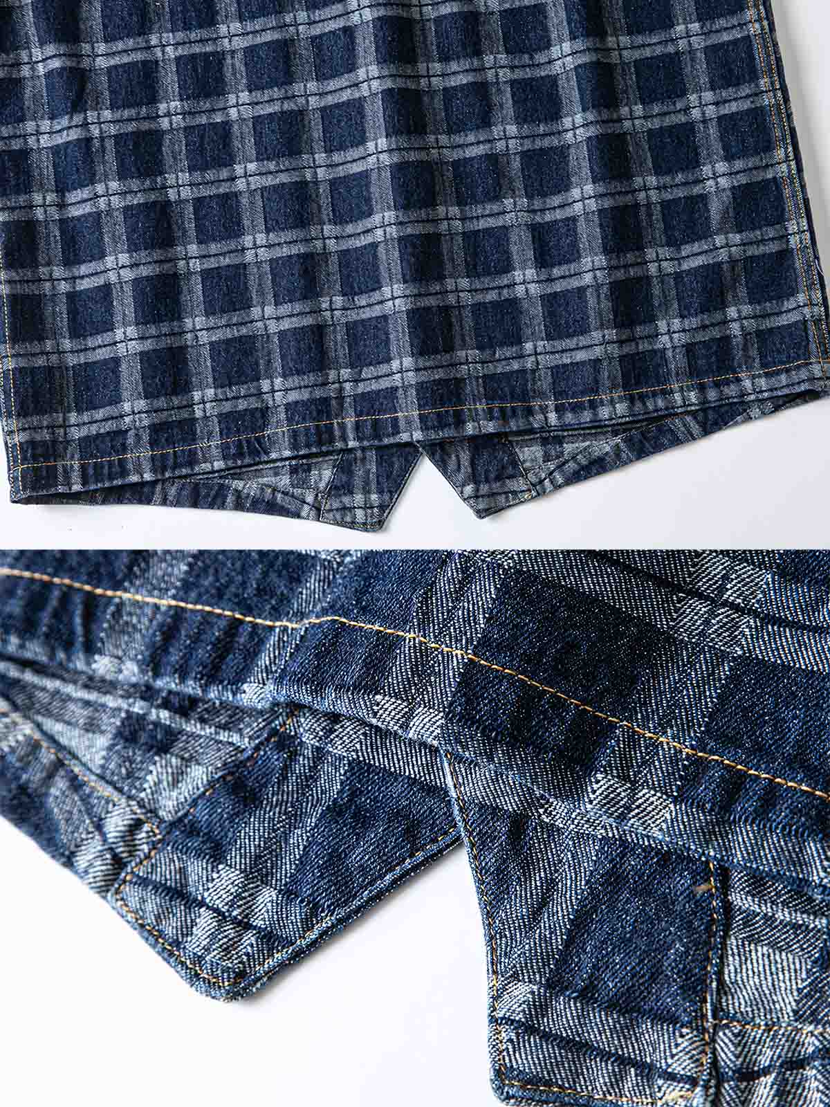 製品画像: ヴィンテージ風ウォッシュドデニムチェック柄ワークベストの正面展示
詳細画像: デニム生地とチェック柄効果のディテール展示