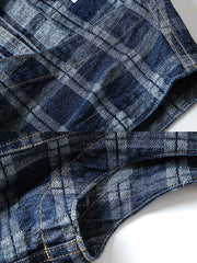 製品画像: ヴィンテージ風ウォッシュドデニムチェック柄ワークベストの正面展示
詳細画像: デニム生地とチェック柄効果のディテール展示