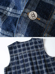 製品画像: ヴィンテージ風ウォッシュドデニムチェック柄ワークベストの正面展示
詳細画像: デニム生地とチェック柄効果のディテール展示