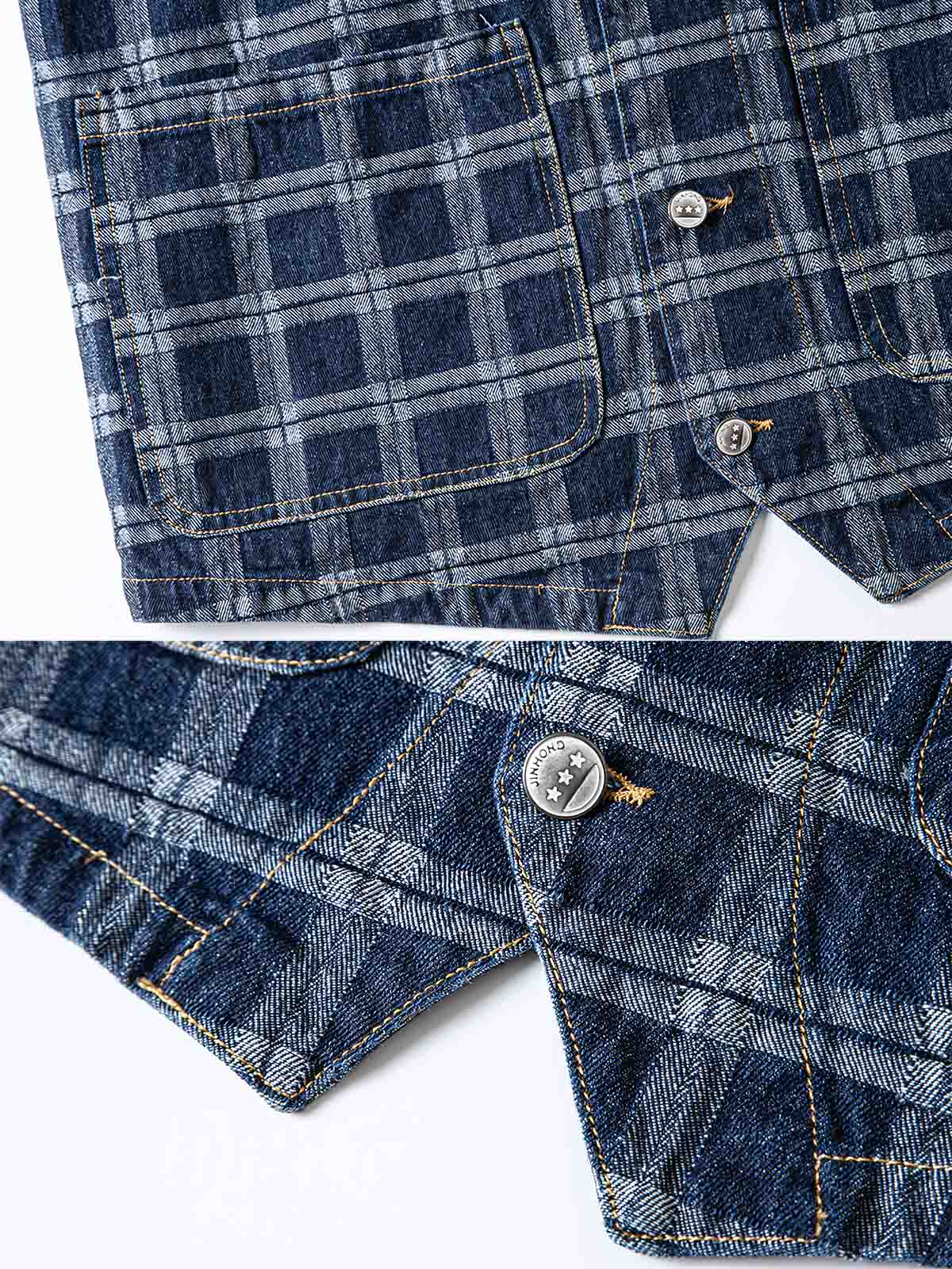 製品画像: ヴィンテージ風ウォッシュドデニムチェック柄ワークベストの正面展示
詳細画像: デニム生地とチェック柄効果のディテール展示