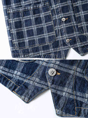 製品画像: ヴィンテージ風ウォッシュドデニムチェック柄ワークベストの正面展示
詳細画像: デニム生地とチェック柄効果のディテール展示
