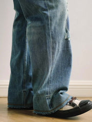 ウォッシュ加工ダメージワイドレッグジーンズ