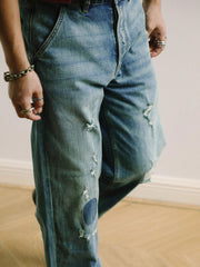 ウォッシュ加工ダメージワイドレッグジーンズ