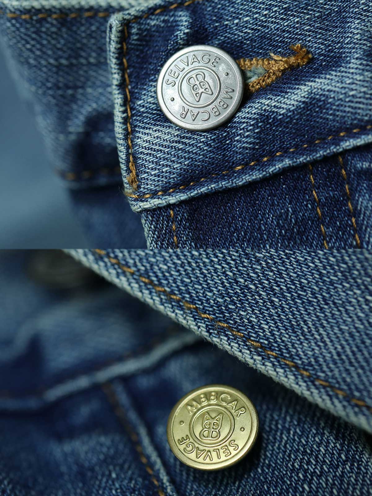 詳細画像:ジーンズのダメージウォッシュディテールとYKKカスタム五金パーツ特写図