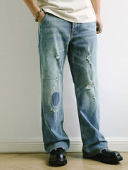 ウォッシュ加工ダメージワイドレッグジーンズ
