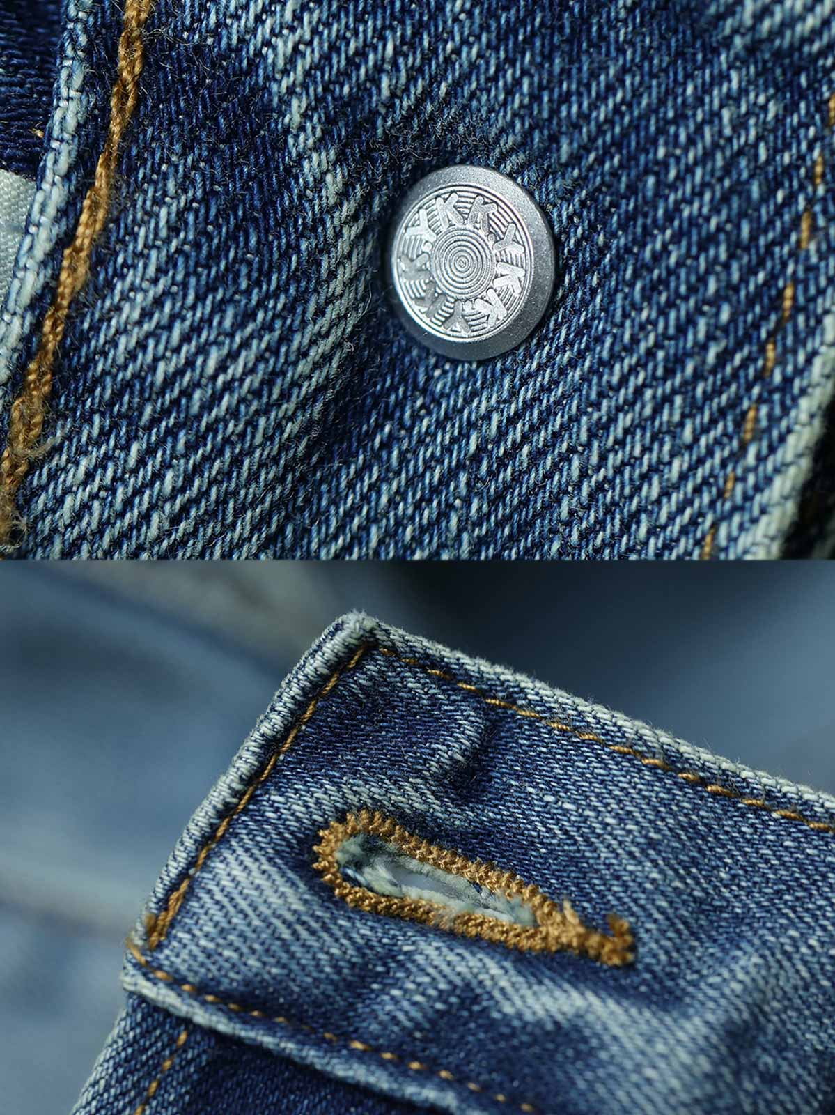 詳細画像:ジーンズのダメージウォッシュディテールとYKKカスタム五金パーツ特写図