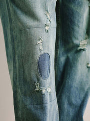 ウォッシュ加工ダメージワイドレッグジーンズ