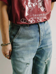 ウォッシュ加工ダメージワイドレッグジーンズ