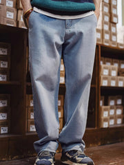 ウォッシュドブルーフリンジデニムパンツ