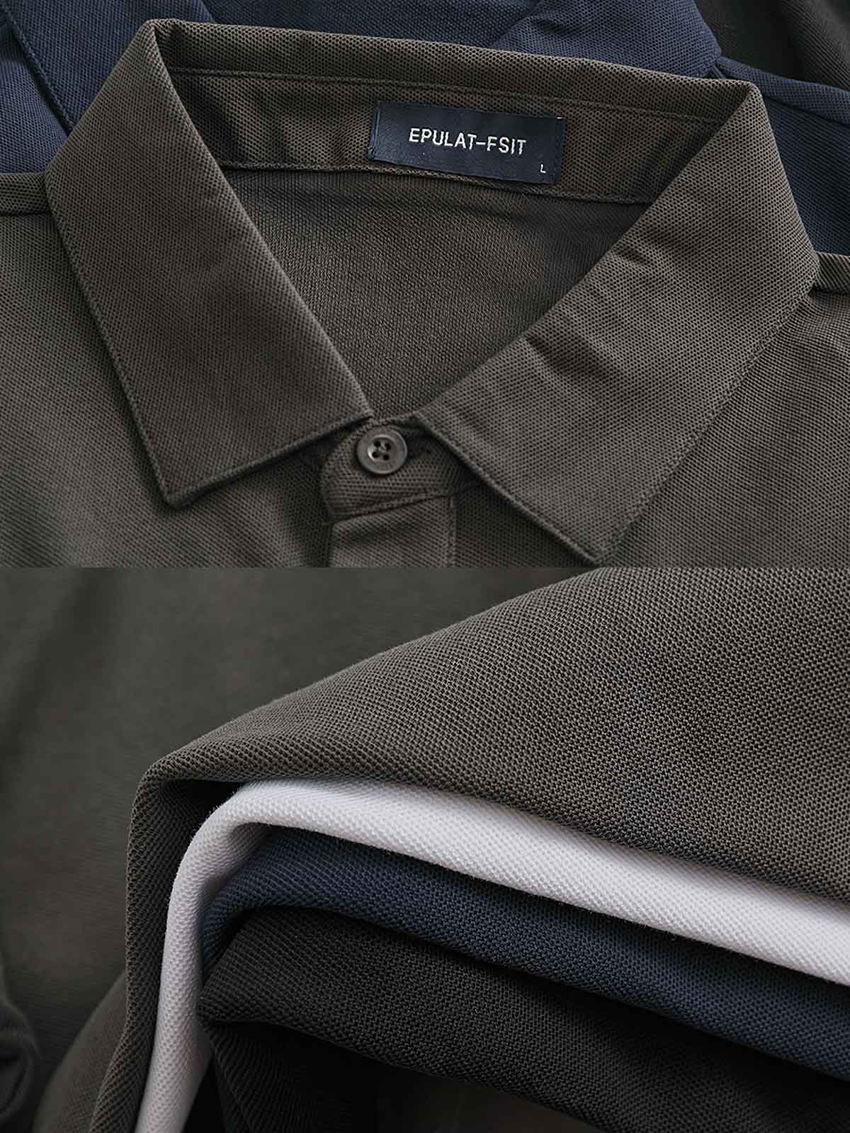 ポロシャツのリブ編みの襟とシンプルなアルファベットワッペンの詳細