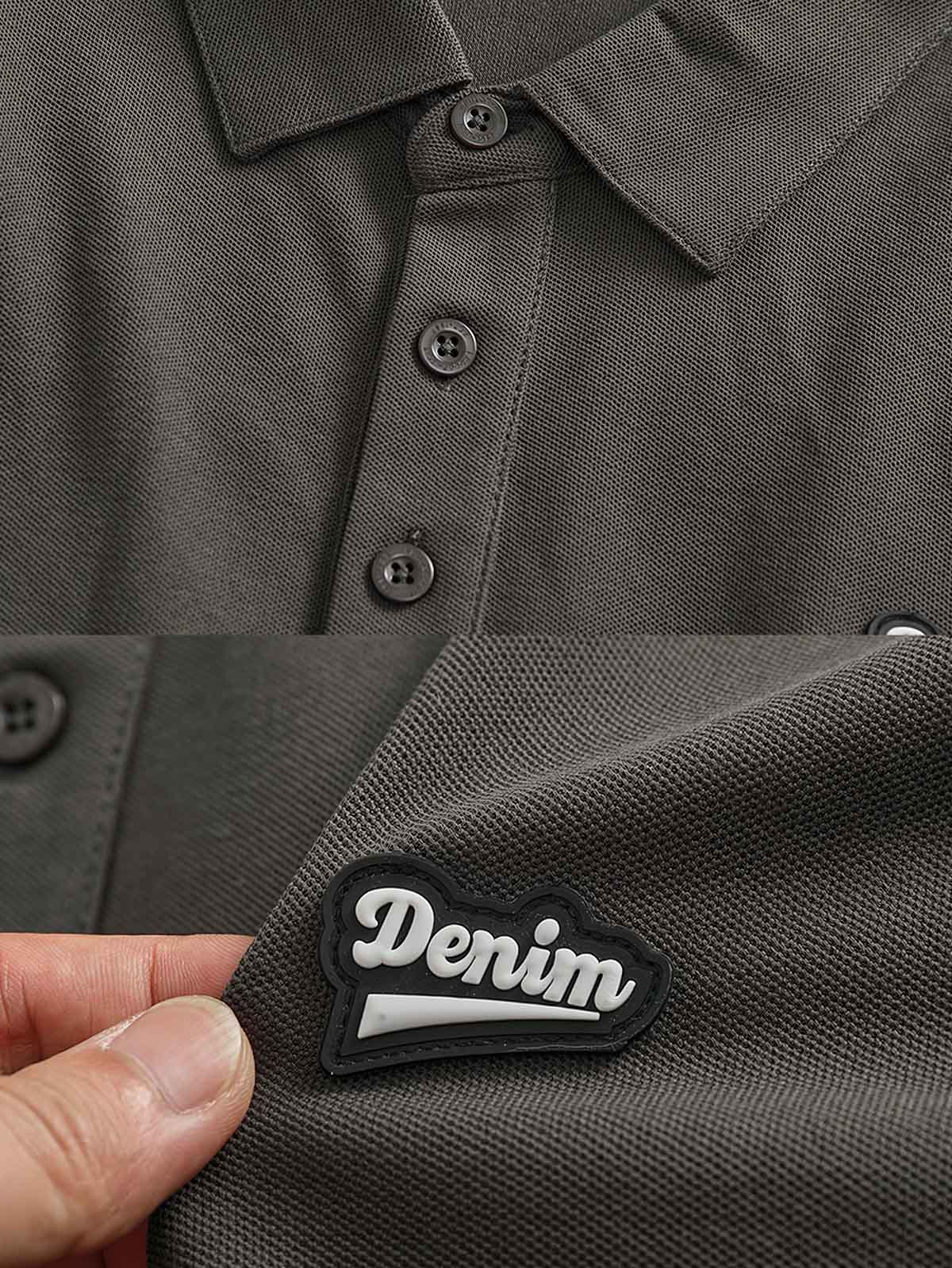 ポロシャツのリブ編みの襟とシンプルなアルファベットワッペンの詳細