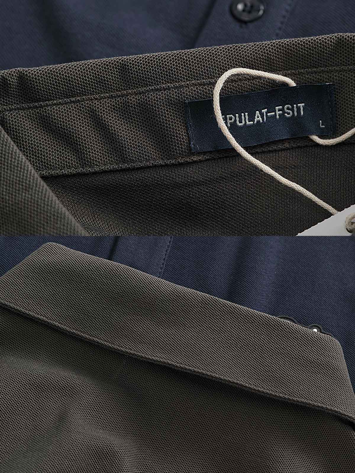 ポロシャツのリブ編みの襟とシンプルなアルファベットワッペンの詳細