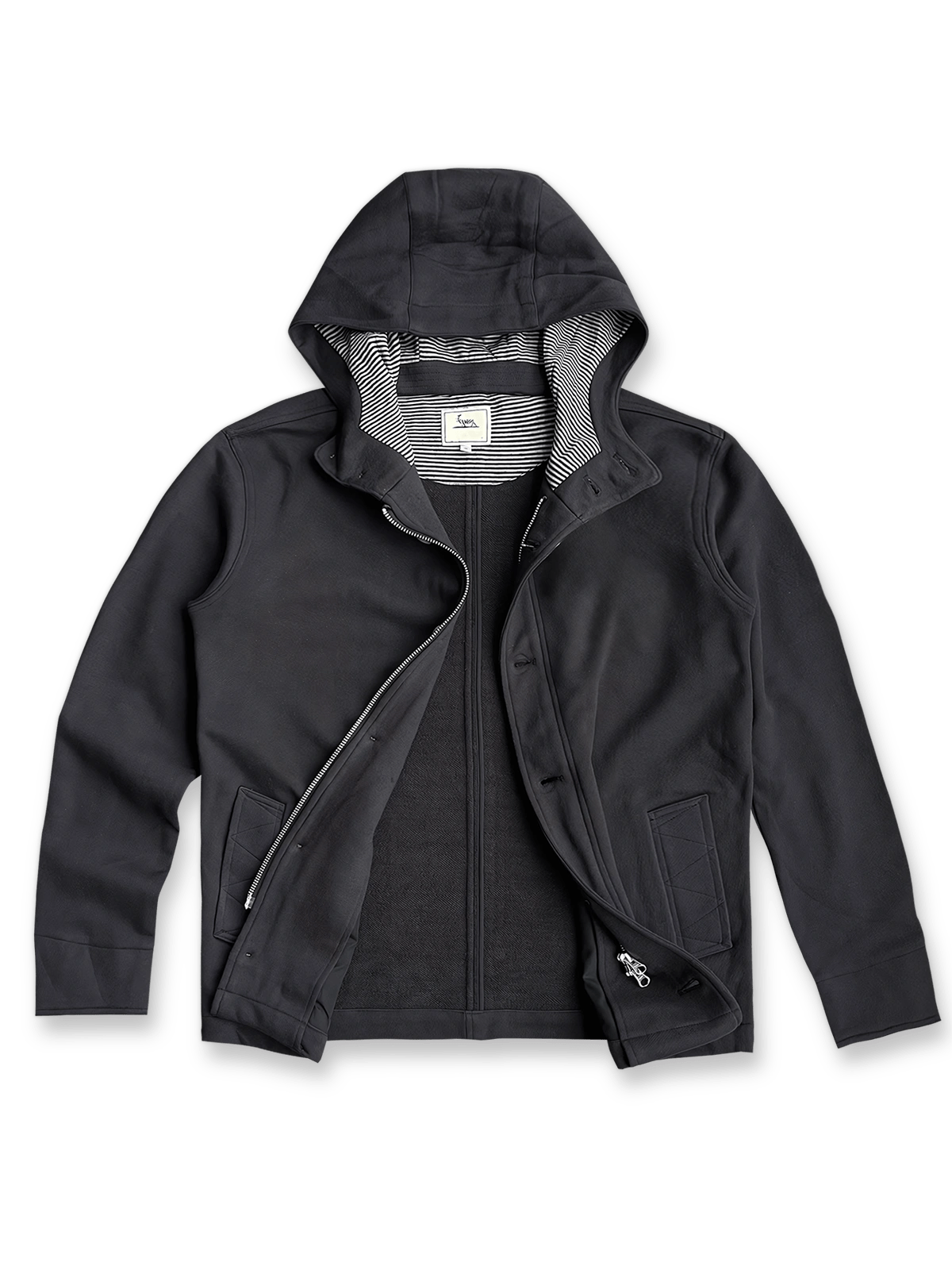 製品画像: クラシックグレーのコットンフーディージャケット、シンプルなデザイン、正面の平置き写真
詳細画像: スナップボタンとフードのディテール特写、機能性とデザインの完璧なバランス