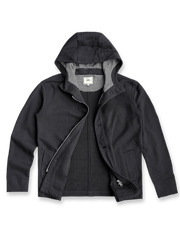 製品画像: クラシックグレーのコットンフーディージャケット、シンプルなデザイン、正面の平置き写真
詳細画像: スナップボタンとフードのディテール特写、機能性とデザインの完璧なバランス