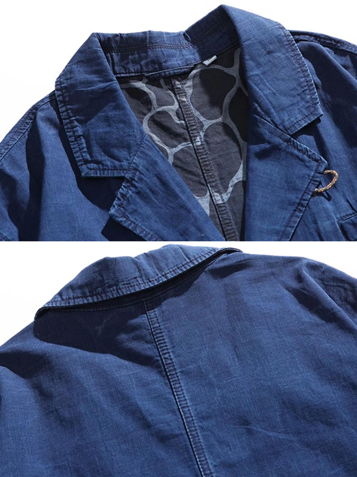 製品画像:ウォッシュデニムのルーズフィットブレザー正面展示。シンプルながら個性的なデザインが特徴。
詳細画像:波模様の裏地と襟元のアウトドア風ボタンディテール。控えめな個性が光るディテール。