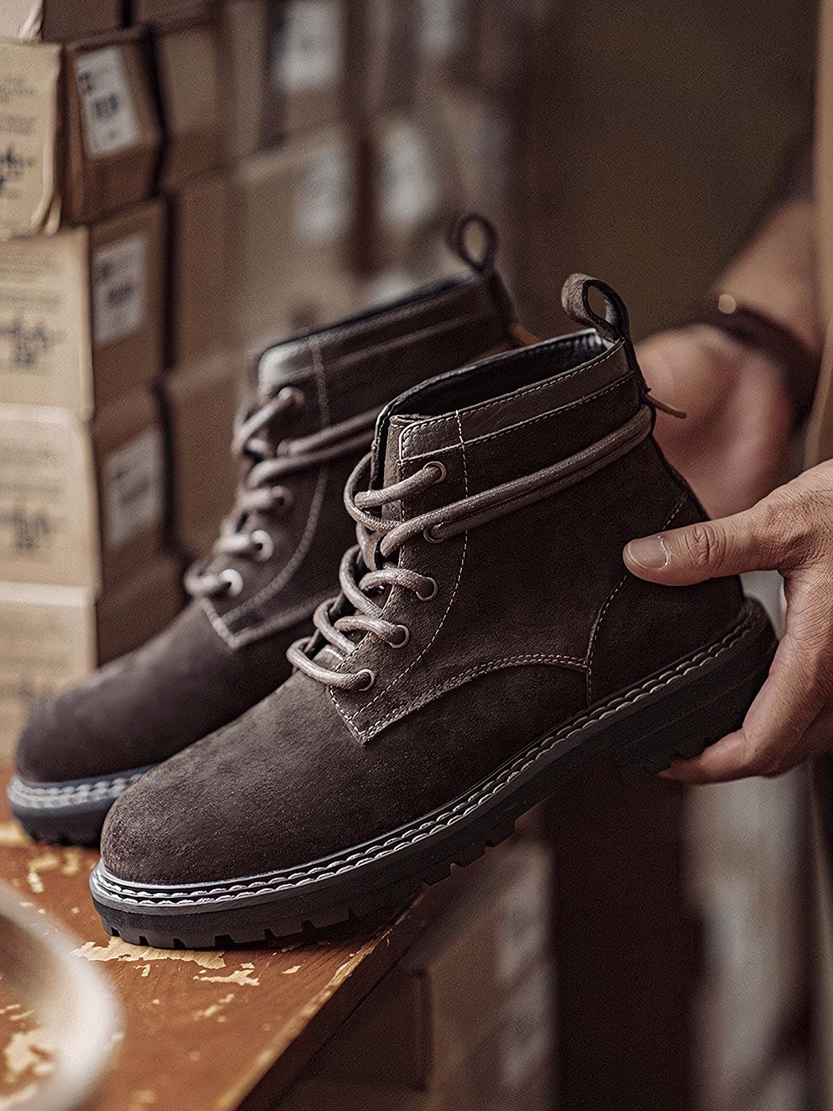 ダークブラウンのヴィンテージワークブーツ 全体画像