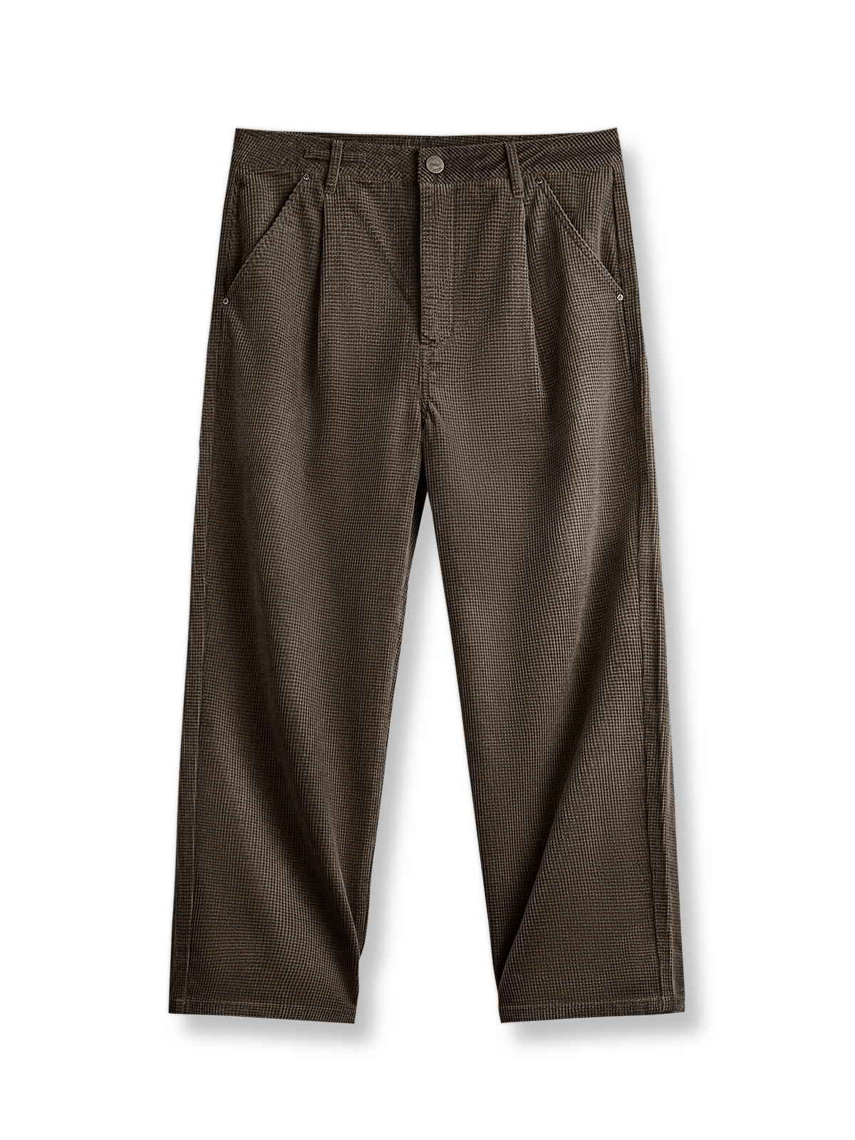 モデルが着用するコーデュロイパンツ - ワイドシルエットとヴィンテージスタイルを強調