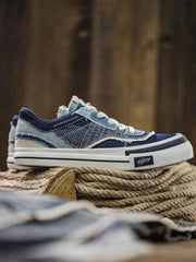 ウォッシュデニムと刺し子布のパッチワークカジュアルシューズの展示画像