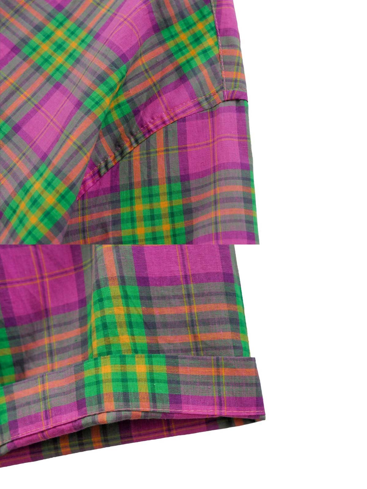 ウォッシュドチェック柄シャツのクローズアップ、細かなステッチとクラシックな襟が特徴。