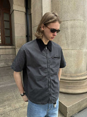 モデルが着用したアメリカンヴィンテージ風カラーショートスリーブシャツ