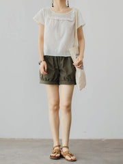 スクエアネック レースショート丈 コットンブラウス