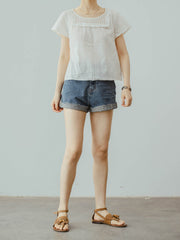 スクエアネック レースショート丈 コットンブラウス