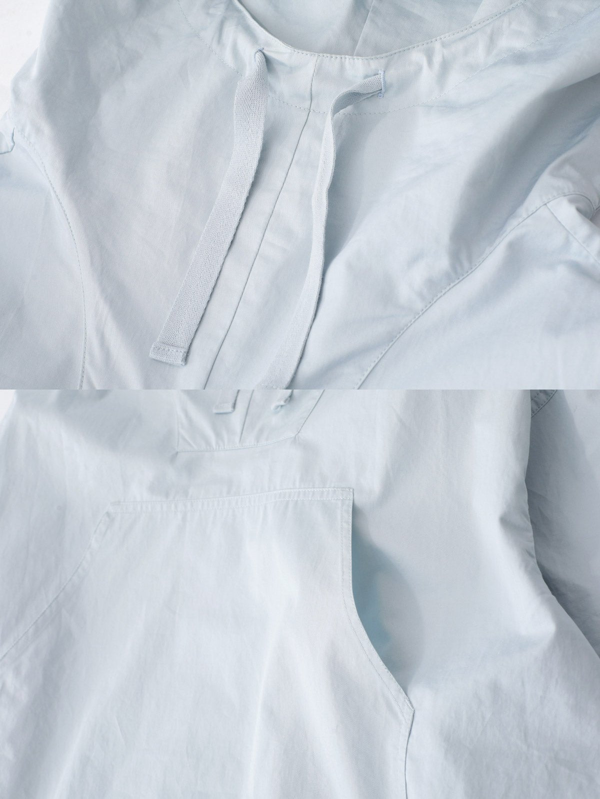フーディーのフードとフロントポケットのディテールクローズアップ