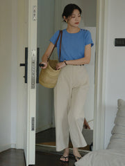 エコフレンドリーなテンセルコットン九分丈パンツ