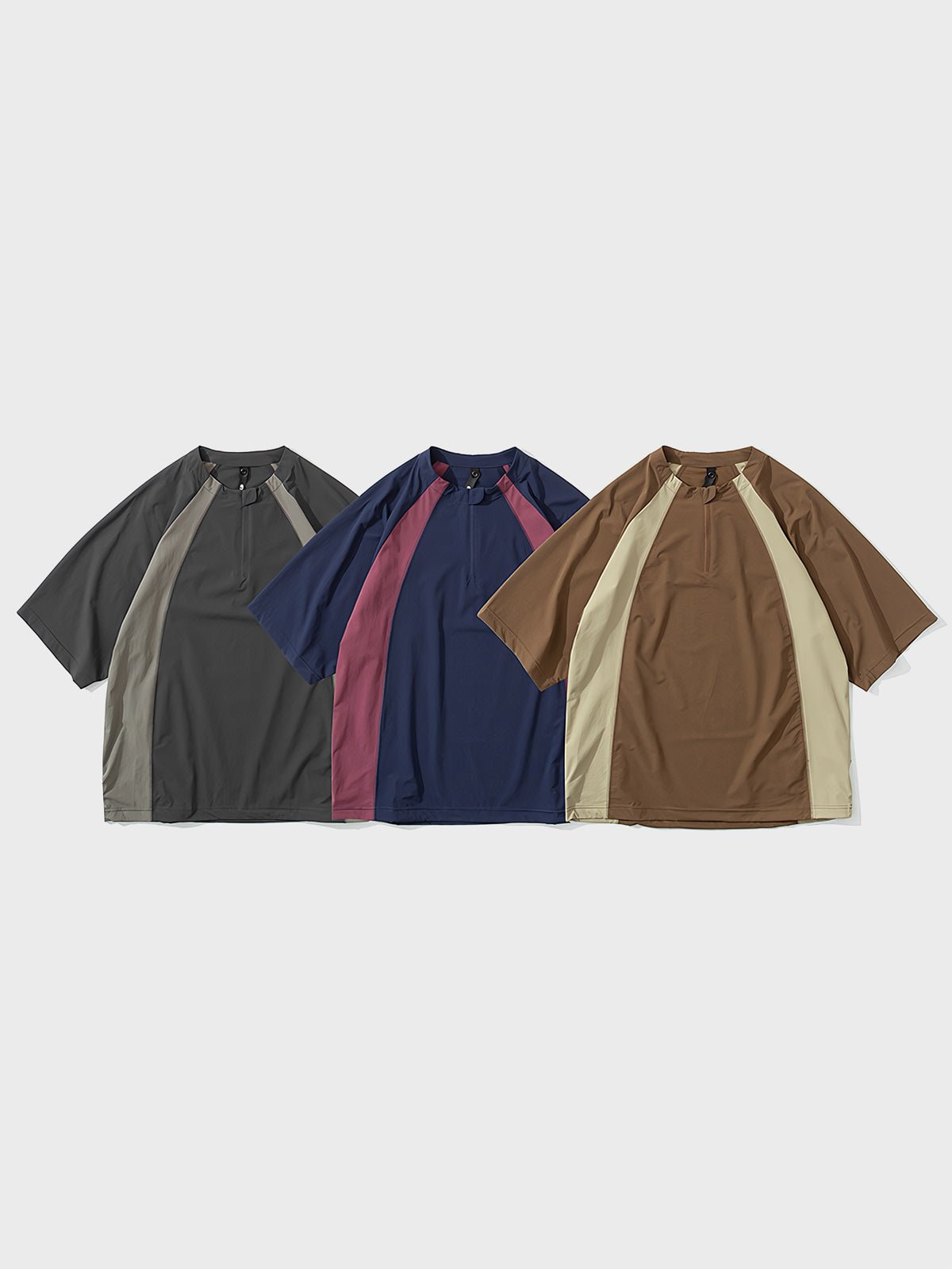 灰色配色のアウトドア速乾ショートスリーブジップポロシャツ正面展示