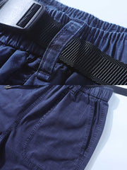 製品画像: ヴィンテージウォッシュインディゴツイルチェック柄ジョガーワークパンツ、アウトドア向け、通気性、耐久性
詳細画像: 編み込みストラップ、チェック柄、ツイル生地ディテール