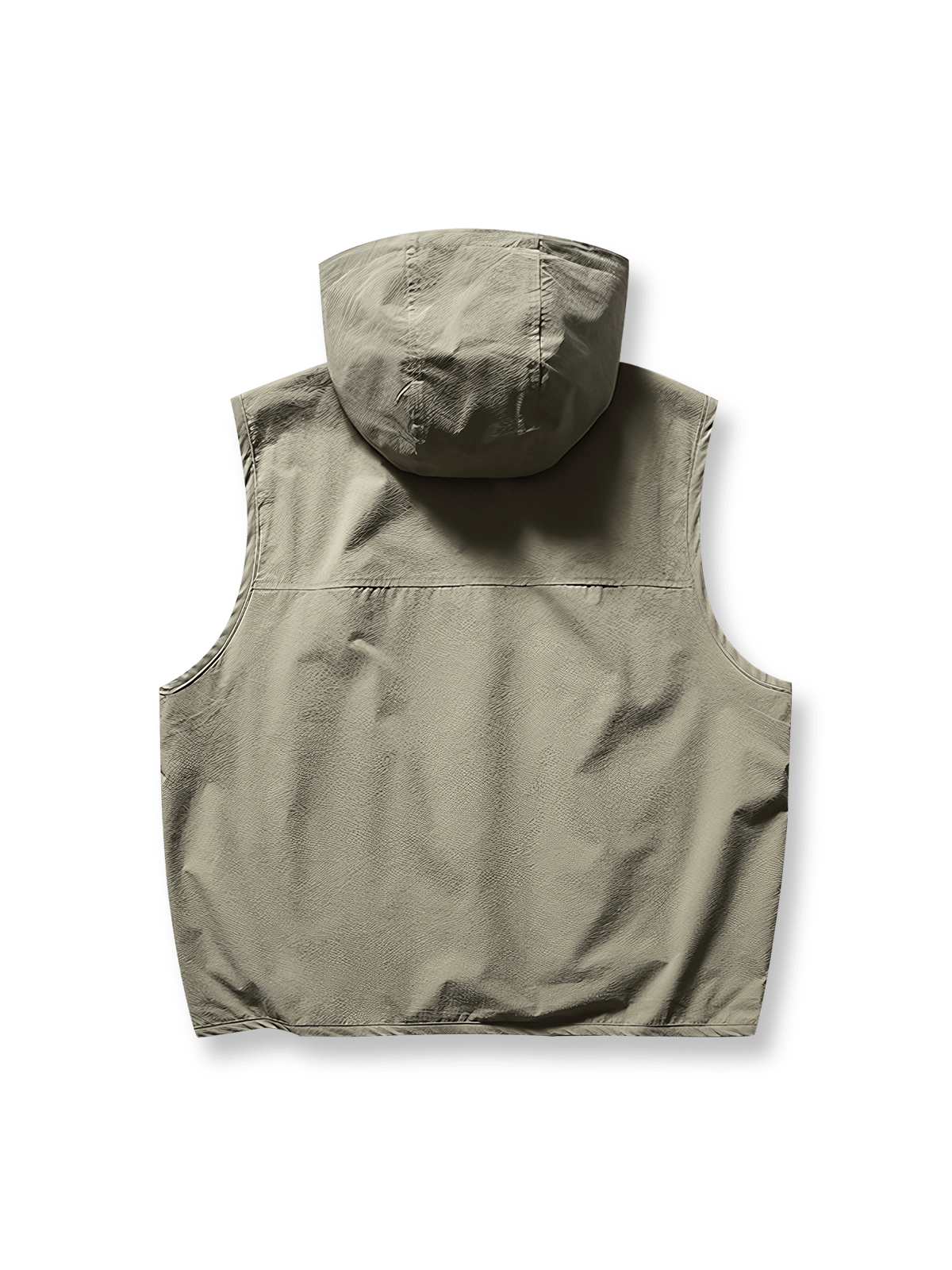 製品画像: アウトドアフード付きベストの全体展示、フードやシンプルなデザインを強調。
詳細画像: ジッパー付きポケットやドローコードのディテール展示、機能性をアピール。