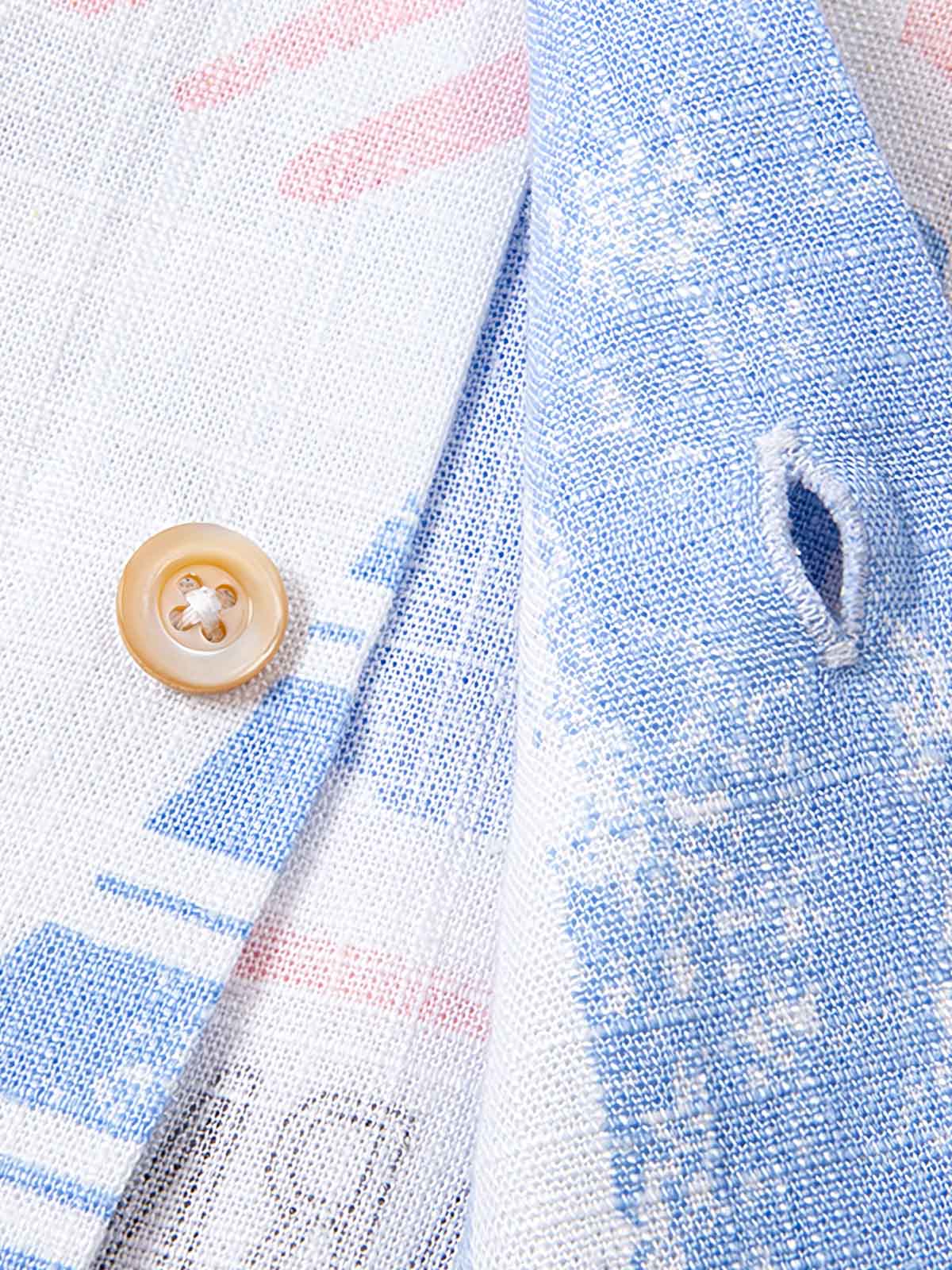 製品画像: アイランド柄&フルーツ柄コットンリネンキューバカラーシャツ
詳細画像: オイルペイント風プリント柄と生地のディテール