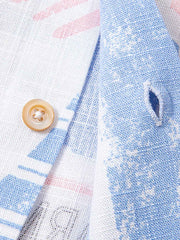 製品画像: アイランド柄&フルーツ柄コットンリネンキューバカラーシャツ
詳細画像: オイルペイント風プリント柄と生地のディテール