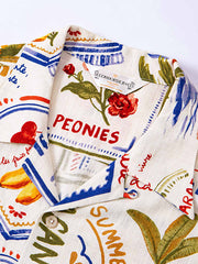 製品画像: アイランド柄&フルーツ柄コットンリネンキューバカラーシャツ
詳細画像: オイルペイント風プリント柄と生地のディテール