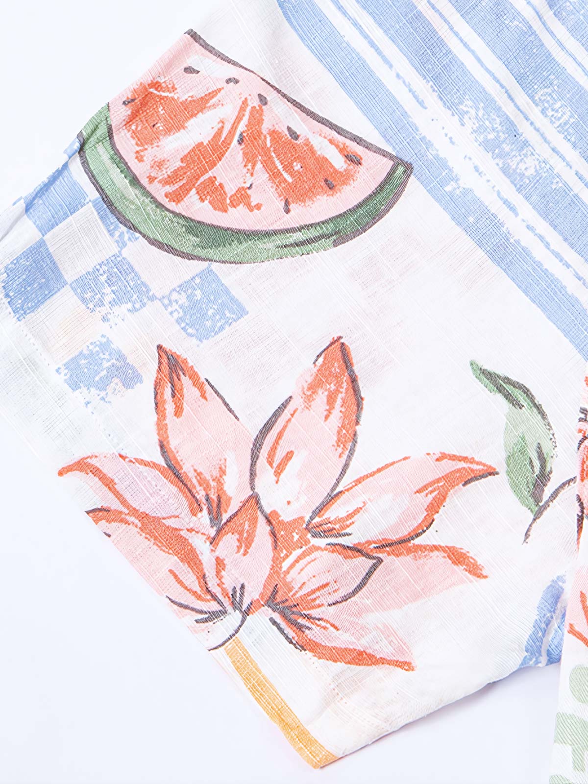 製品画像: アイランド柄&フルーツ柄コットンリネンキューバカラーシャツ
詳細画像: オイルペイント風プリント柄と生地のディテール