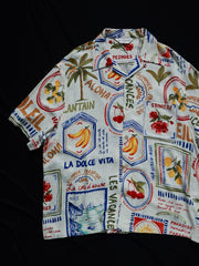製品画像: アイランド柄&フルーツ柄コットンリネンキューバカラーシャツ
詳細画像: オイルペイント風プリント柄と生地のディテール